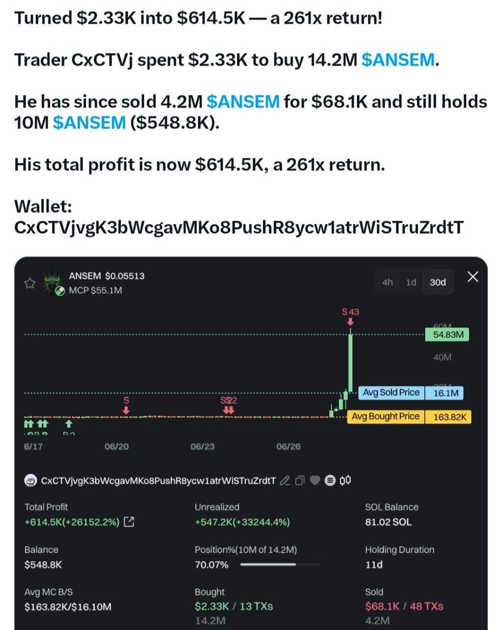 After screenshot — $ANSEM Call trade