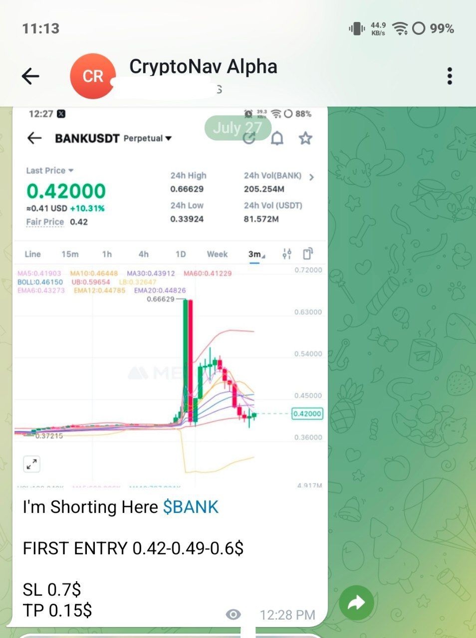 Before screenshot — $BANK Short trade