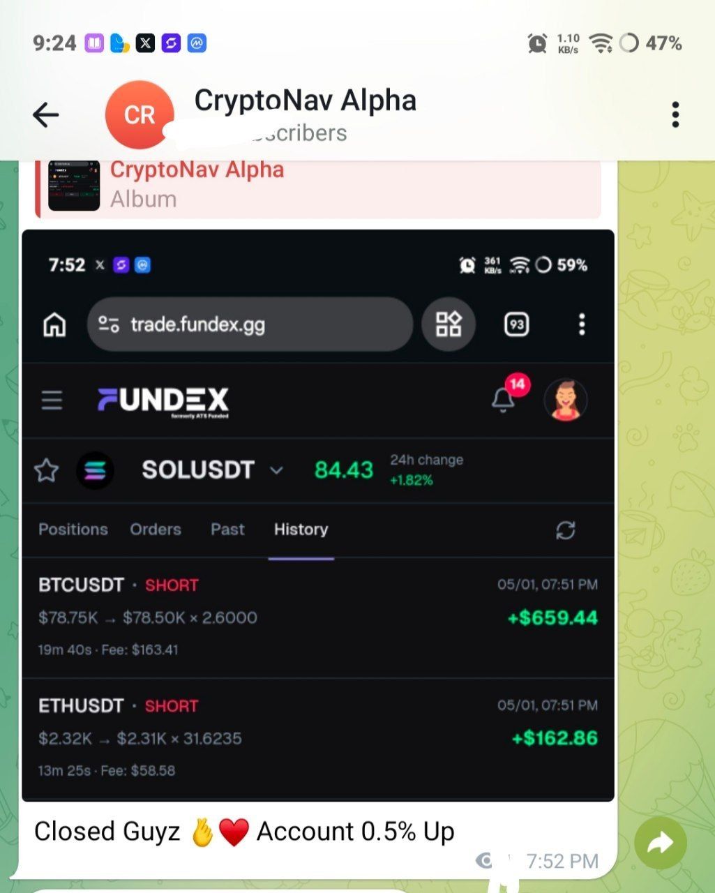After screenshot — BTC Short trade
