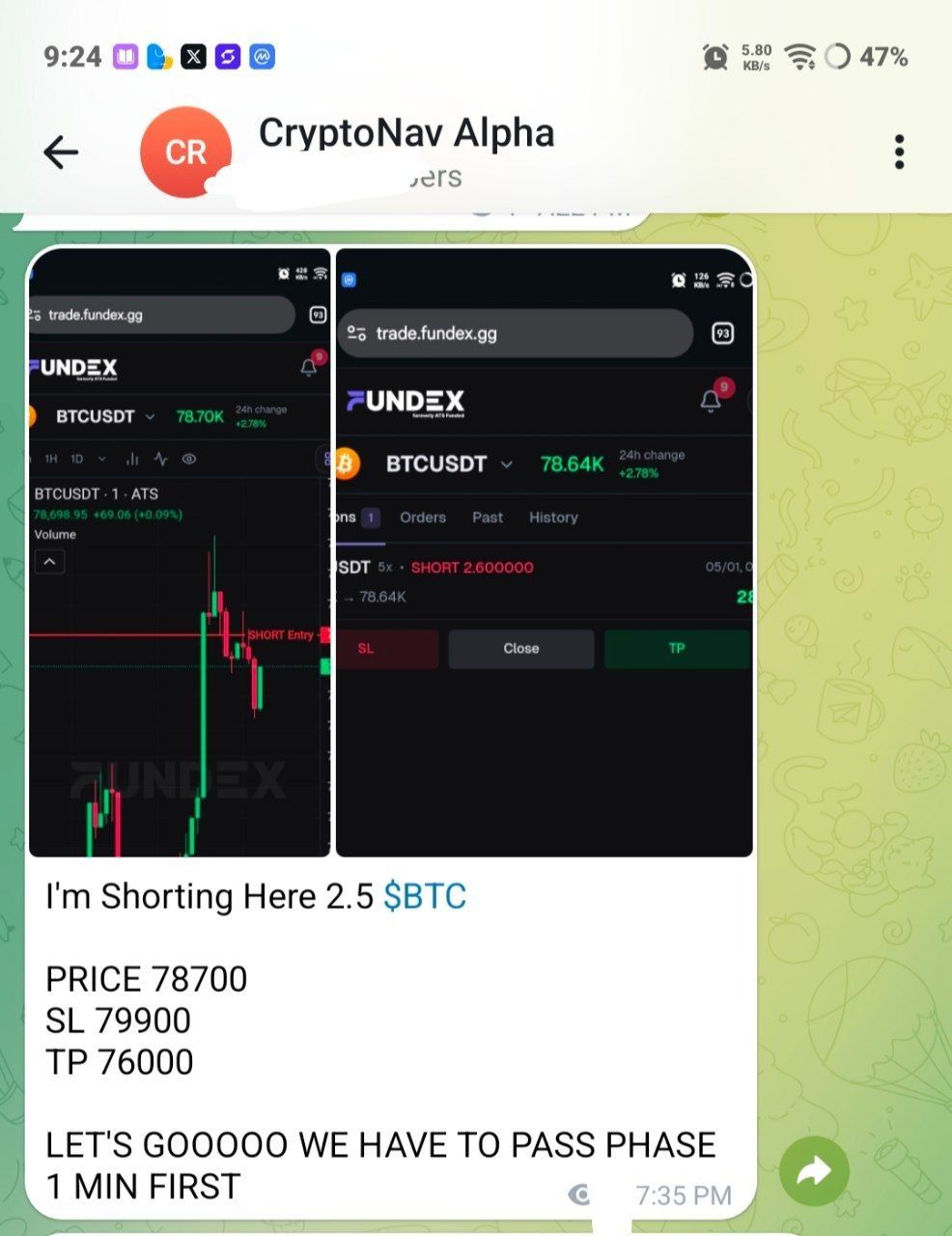 Before screenshot — BTC Short trade