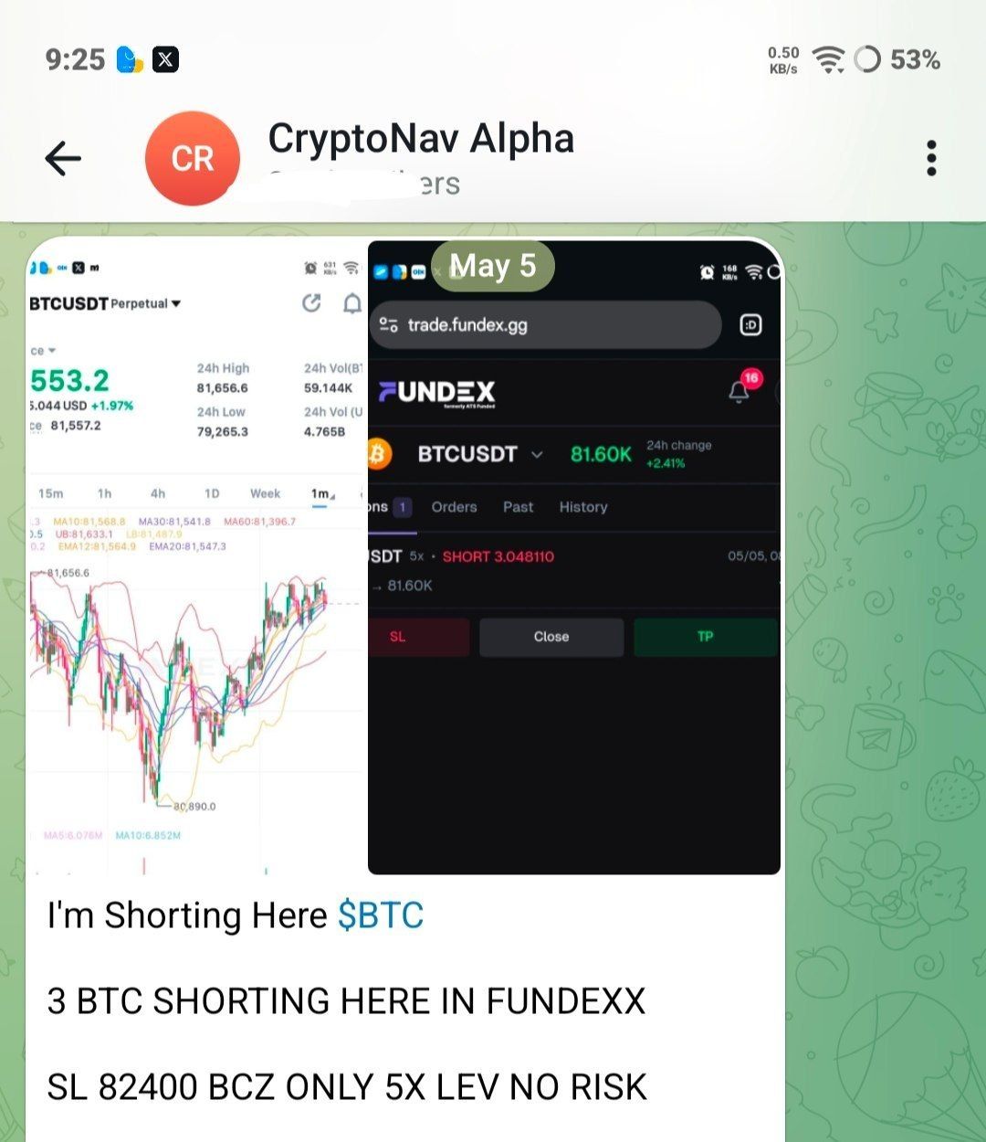 Before screenshot — BTC Short trade